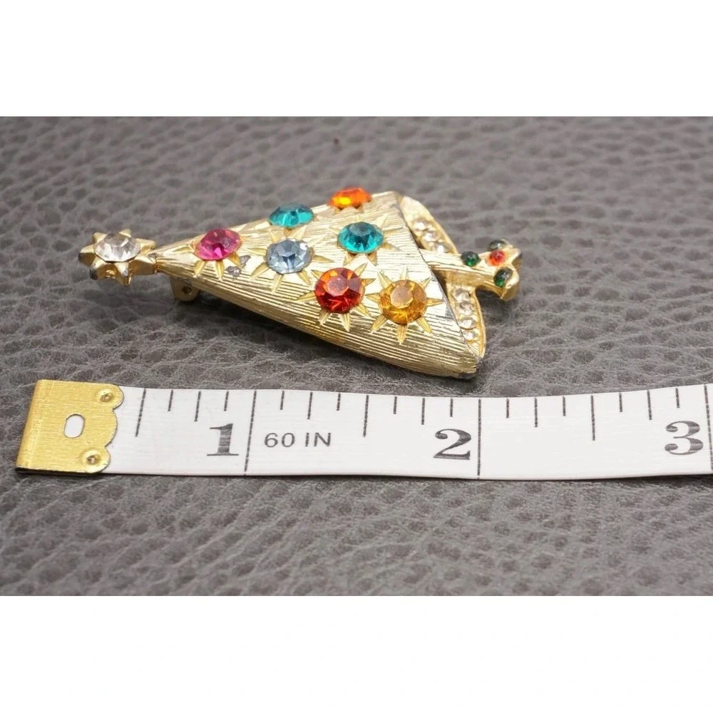 Vintage Christmas Tree Brooch MCM Modernist Multicolor Rhinestone Gold Tone
